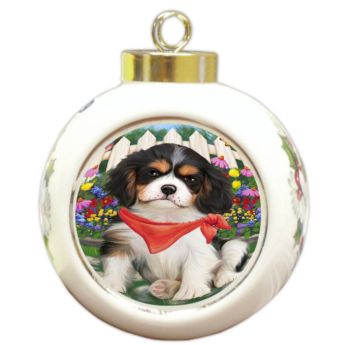 Spring Floral Cavalier King Charles Spaniel Dog Round Ball Christmas Ornament RBPOR49841