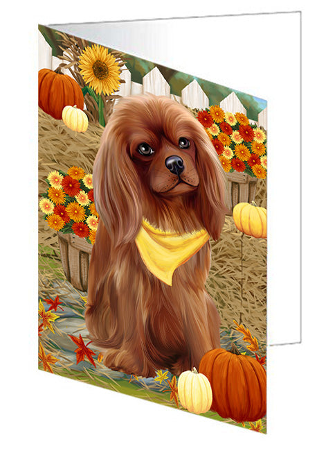 Fall Autumn Greeting Cavalier King Charles Spaniel Dog with Pumpkins Handmade Artwork Assorted Pets Greeting Cards and Note Cards with Envelopes for All Occasions and Holiday Seasons GCD56192
