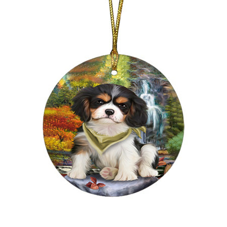 Scenic Waterfall Cavalier King Charles Spaniel Dog Round Flat Christmas Ornament RFPOR49717
