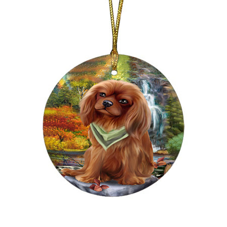 Scenic Waterfall Cavalier King Charles Spaniel Dog Round Flat Christmas Ornament RFPOR49718