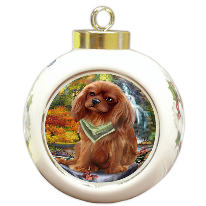 Scenic Waterfall Cavalier King Charles Spaniel Dog Round Ball Christmas Ornament RBPOR49727
