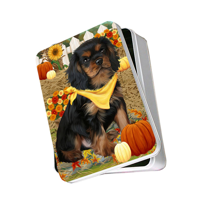Fall Autumn Greeting Cavalier King Charles Spaniel Dog with Pumpkins Photo Storage Tin PITN50722