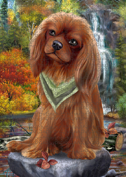 Scenic Waterfall Cavalier King Charles Spaniel Dog Puzzle with Photo Tin PUZL52887