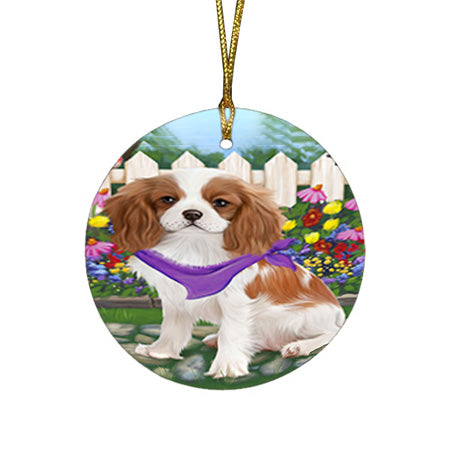 Spring Floral Cavalier King Charles Spaniel Dog Round Flat Christmas Ornament RFPOR49833