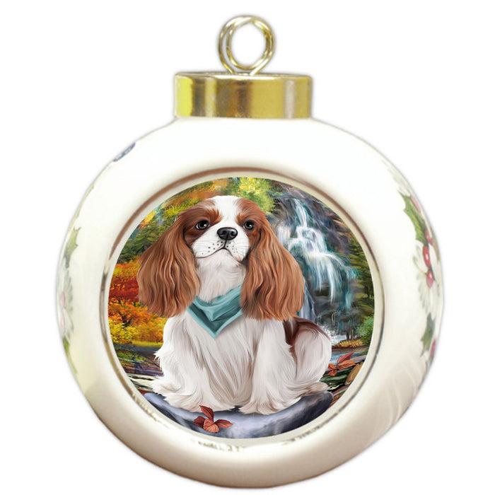 Scenic Waterfall Cavalier King Charles Spaniel Dog Round Ball Christmas Ornament RBPOR49728