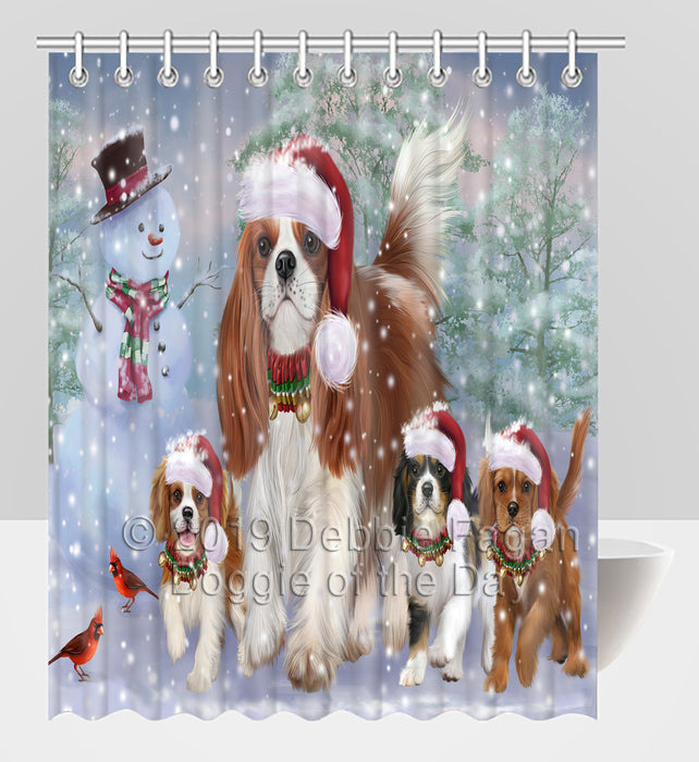 Christmas Running Fammily Cavalier King Charles Spaniel Dogs Shower Curtain