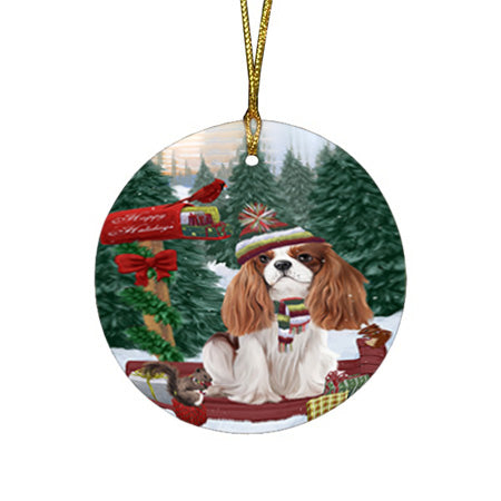 Merry Christmas Woodland Sled Cavalier King Charles Spaniel Dog Round Flat Christmas Ornament RFPOR55242