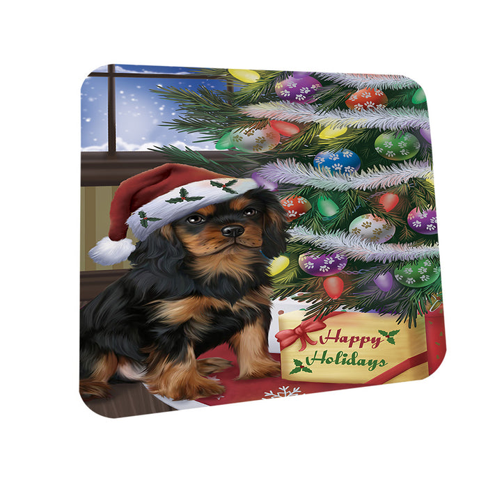 Christmas Happy Holidays Cavalier King Charles Spaniel Dog with Tree and Presents Coasters Set of 4 CST53772