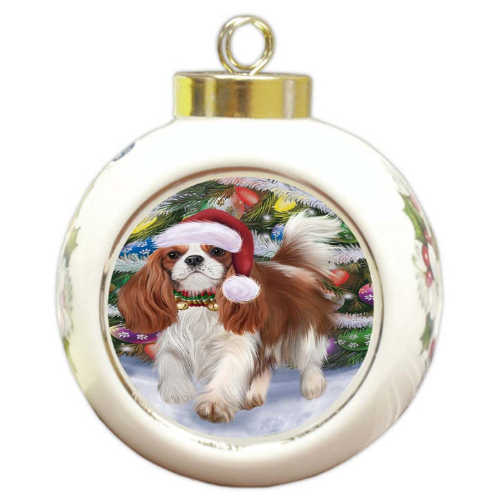 Trotting in the Snow Cavalier King Charles Spaniel Dog Round Ball Christmas Ornament RBPOR55784
