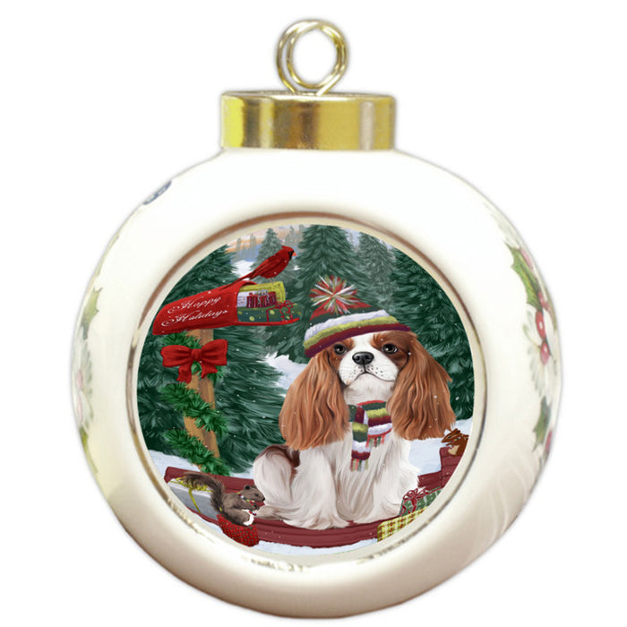 Merry Christmas Woodland Sled Cavalier King Charles Spaniel Dog Round Ball Christmas Ornament RBPOR55242