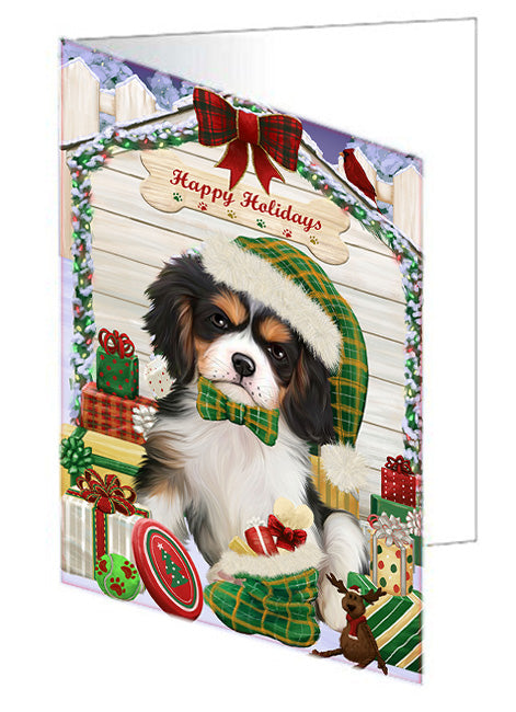 Happy Holidays Christmas Cavalier King Charles Spaniel Dog House with Presents Handmade Artwork Assorted Pets Greeting Cards and Note Cards with Envelopes for All Occasions and Holiday Seasons GCD58181