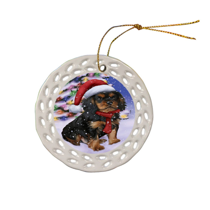 Winterland Wonderland Cavalier King Charles Spaniel Dog In Christmas Holiday Scenic Background  Ceramic Doily Ornament DPOR53375