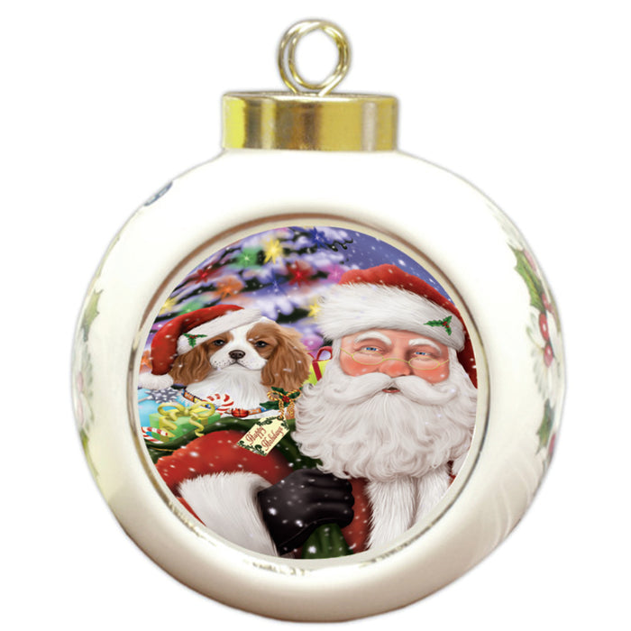 Santa Carrying Cavalier King Charles Spaniel Dog and Christmas Presents Round Ball Christmas Ornament RBPOR53973