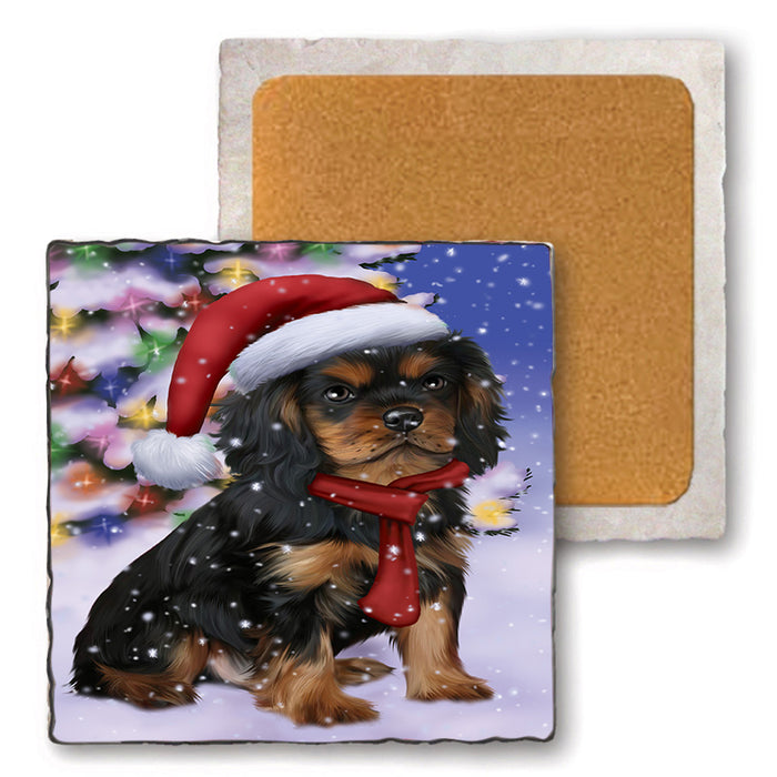 Winterland Wonderland Cavalier King Charles Spaniel Dog In Christmas Holiday Scenic Background  Set of 4 Natural Stone Marble Tile Coasters MCST48375