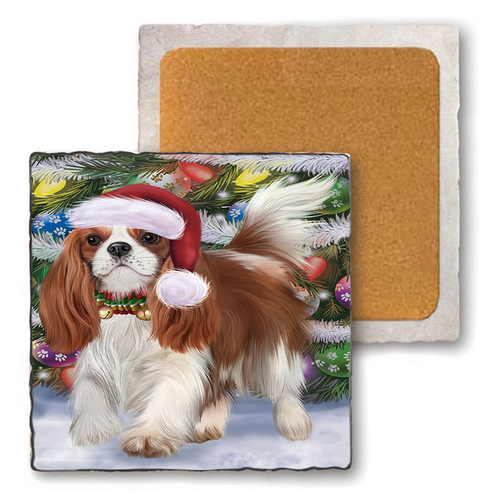 Trotting in the Snow Cavalier King Charles Spaniel Dog Set of 4 Natural Stone Marble Tile Coasters MCST50428