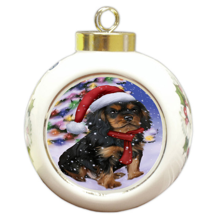 Winterland Wonderland Cavalier King Charles Spaniel Dog In Christmas Holiday Scenic Background  Round Ball Christmas Ornament RBPOR53375