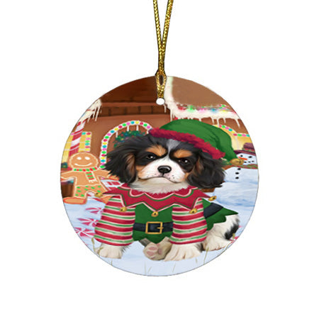 Christmas Gingerbread House Candyfest Cavalier King Charles Spaniel Dog Round Flat Christmas Ornament RFPOR56650