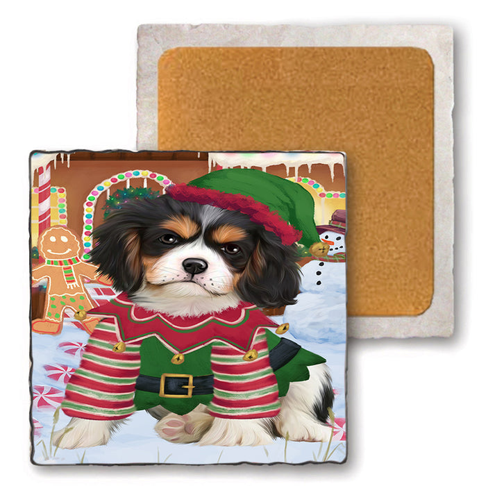 Christmas Gingerbread House Candyfest Cavalier King Charles Spaniel Dog Set of 4 Natural Stone Marble Tile Coasters MCST51294