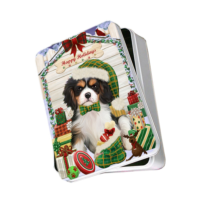 Happy Holidays Christmas Cavalier King Charles Spaniel Dog House with Presents Photo Storage Tin PITN51384