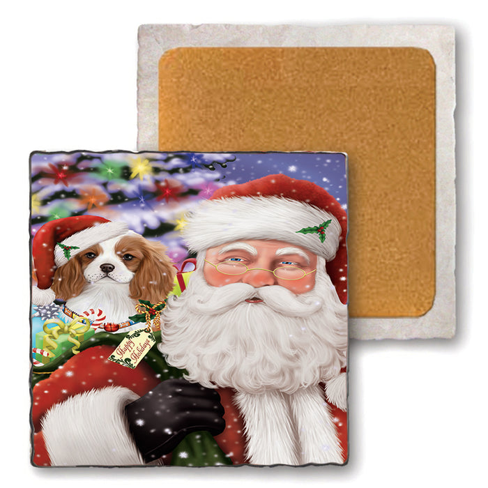 Santa Carrying Cavalier King Charles Spaniel Dog and Christmas Presents Set of 4 Natural Stone Marble Tile Coasters MCST48973