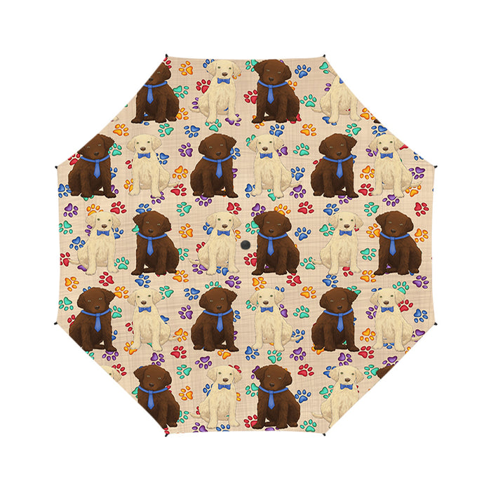 Rainbow Paw Print Cavalier King Charles Spaniel Dogs Blue Semi-Automatic Foldable Umbrella