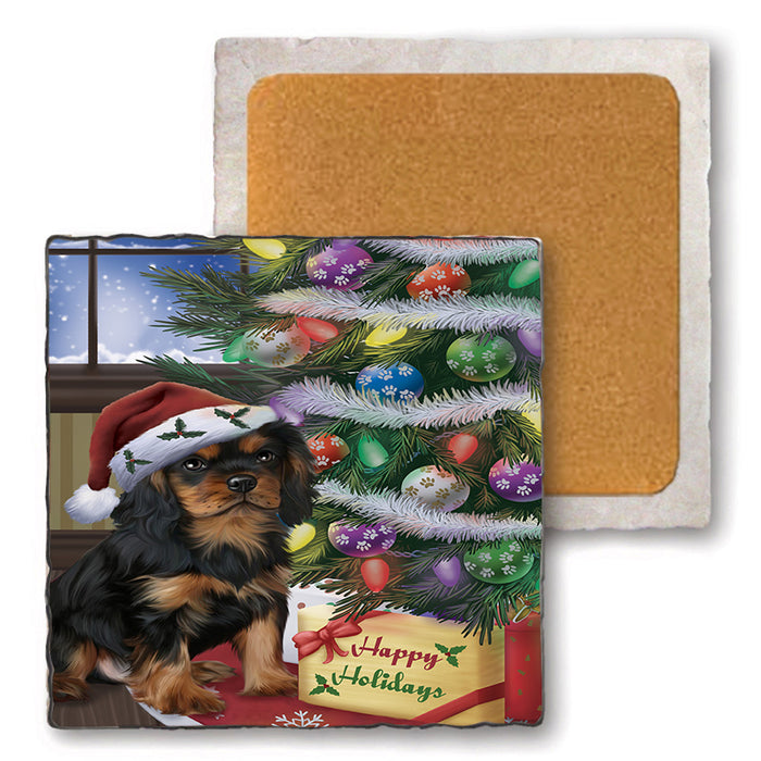 Christmas Happy Holidays Cavalier King Charles Spaniel Dog with Tree and Presents Set of 4 Natural Stone Marble Tile Coasters MCST48814