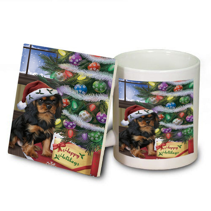 Christmas Happy Holidays Cavalier King Charles Spaniel Dog with Tree and Presents Mug and Coaster Set MUC53806