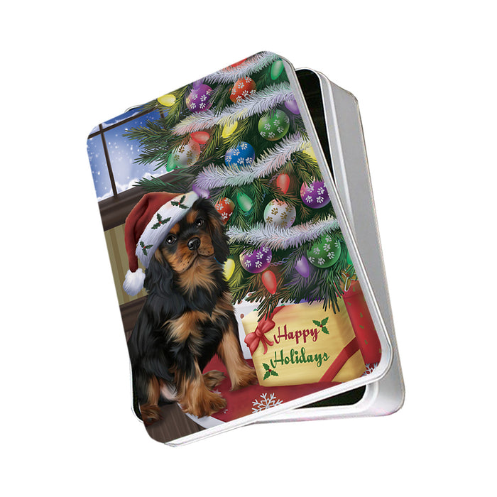 Christmas Happy Holidays Cavalier King Charles Spaniel Dog with Tree and Presents Photo Storage Tin PITN53757