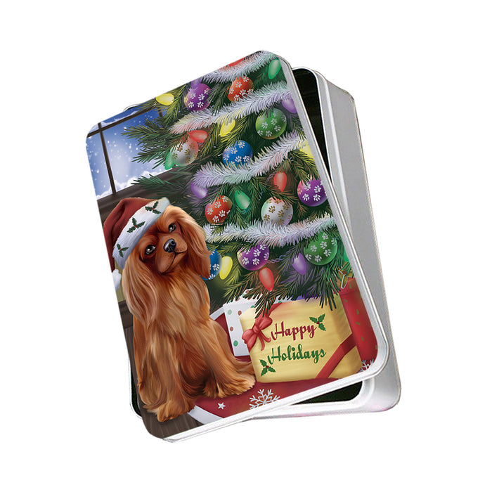 Christmas Happy Holidays Cavalier King Charles Spaniel Dog with Tree and Presents Photo Storage Tin PITN53758