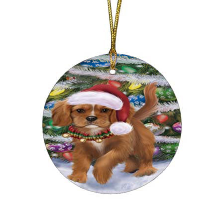 Trotting in the Snow Cavalier King Charles Spaniel Dog Round Flat Christmas Ornament RFPOR55785