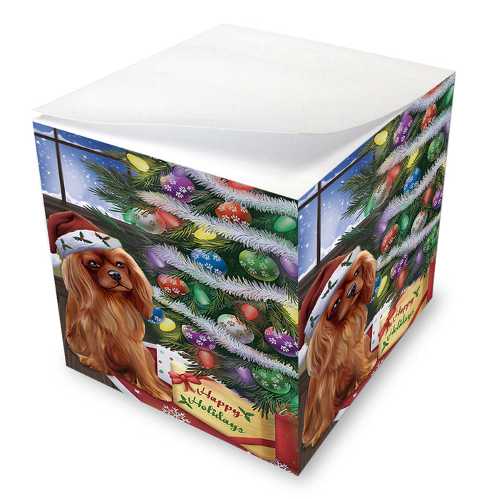 Christmas Happy Holidays Cavalier King Charles Spaniel Dog with Tree and Presents Note Cube NOC55461