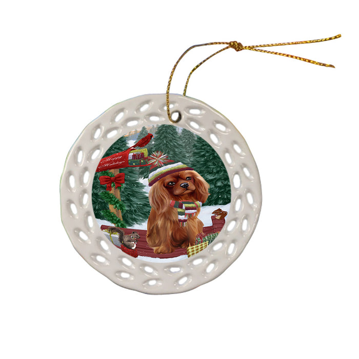Merry Christmas Woodland Sled Cavalier King Charles Spaniel Dog Ceramic Doily Ornament DPOR55243