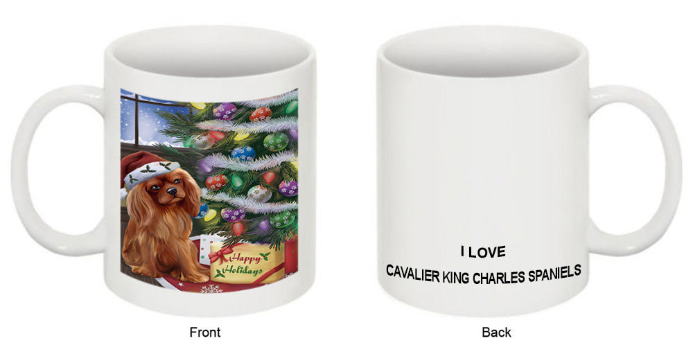 Christmas Happy Holidays Cavalier King Charles Spaniel Dog with Tree and Presents Coffee Mug MUG49213