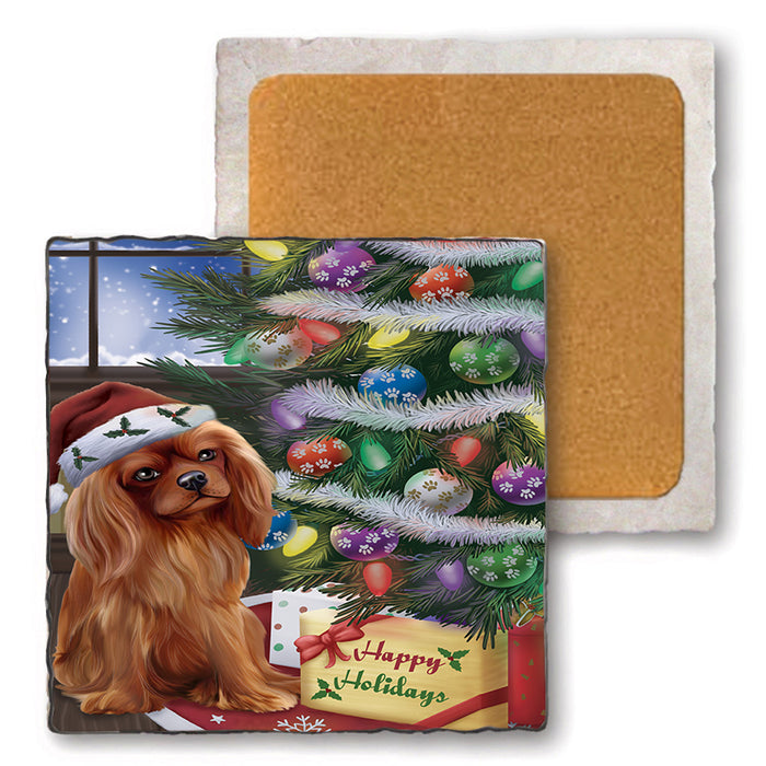 Christmas Happy Holidays Cavalier King Charles Spaniel Dog with Tree and Presents Set of 4 Natural Stone Marble Tile Coasters MCST48815