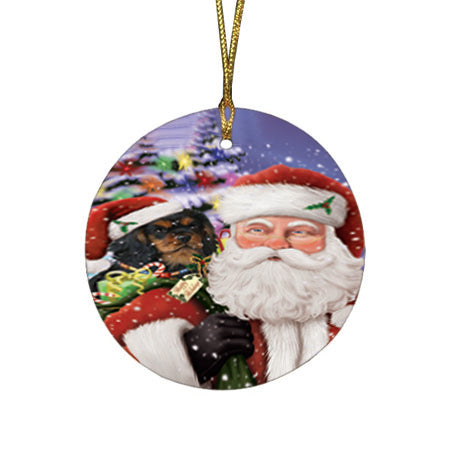 Santa Carrying Cavalier King Charles Spaniel Dog and Christmas Presents Round Flat Christmas Ornament RFPOR53965