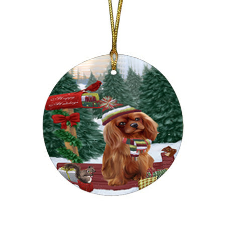 Merry Christmas Woodland Sled Cavalier King Charles Spaniel Dog Round Flat Christmas Ornament RFPOR55243