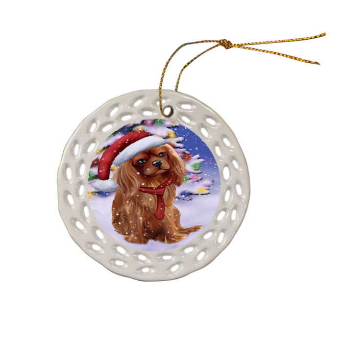 Winterland Wonderland Cavalier King Charles Spaniel Dog In Christmas Holiday Scenic Background  Ceramic Doily Ornament DPOR53376