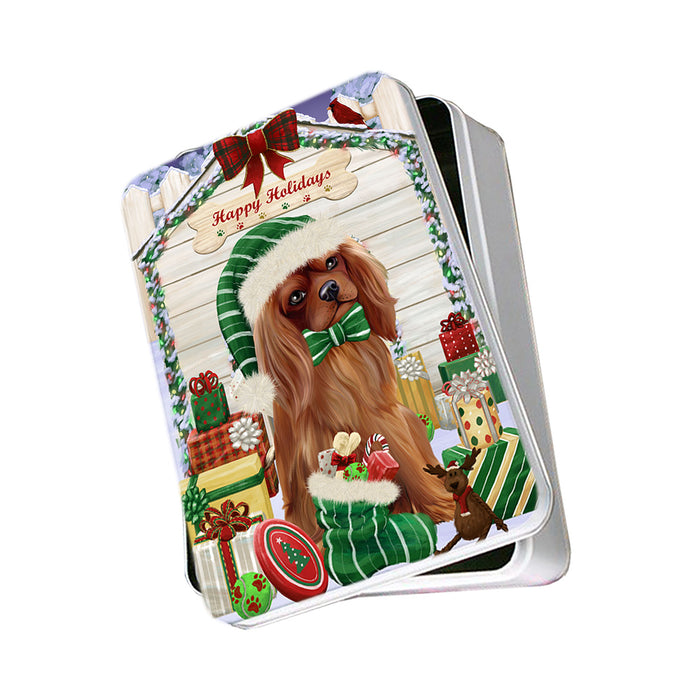 Happy Holidays Christmas Cavalier King Charles Spaniel Dog House with Presents Photo Storage Tin PITN51385