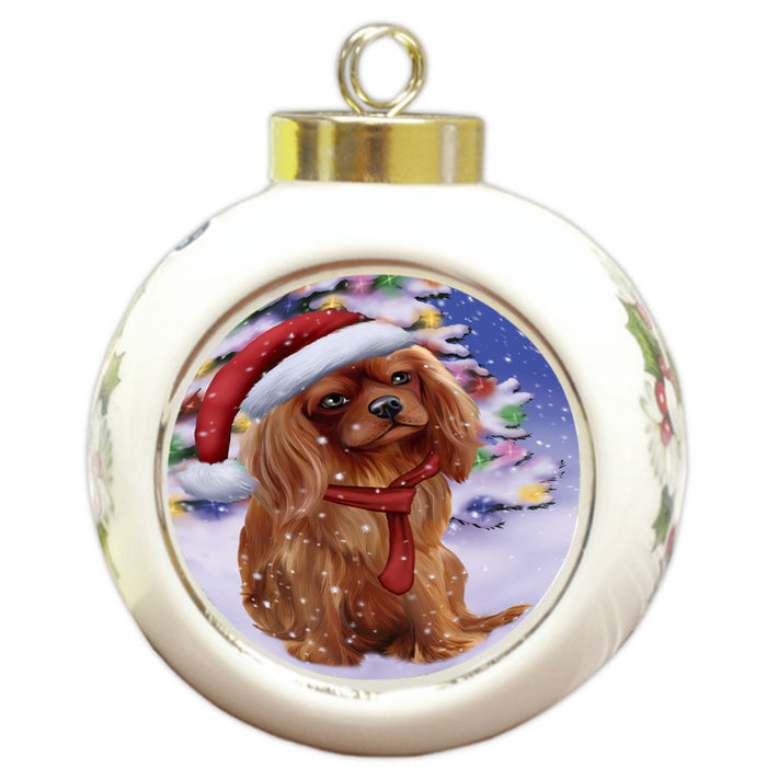 Winterland Wonderland Cavalier King Charles Spaniel Dog In Christmas Holiday Scenic Background  Round Ball Christmas Ornament RBPOR53376