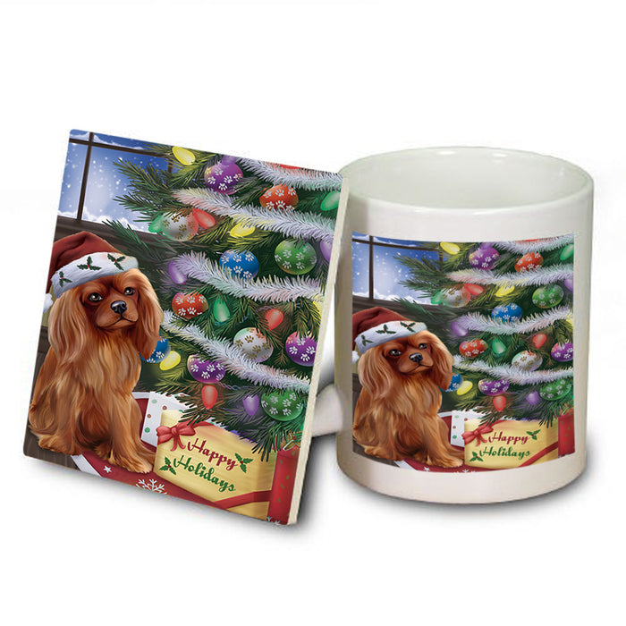 Christmas Happy Holidays Cavalier King Charles Spaniel Dog with Tree and Presents Mug and Coaster Set MUC53807