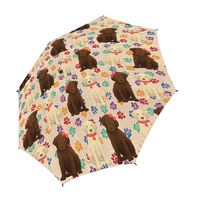 Rainbow Paw Print Cavalier King Charles Spaniel Dogs Red Semi-Automatic Foldable Umbrella
