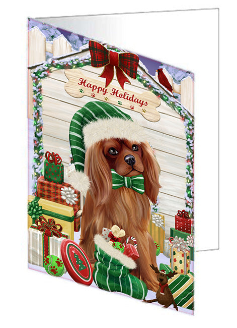Happy Holidays Christmas Cavalier King Charles Spaniel Dog House with Presents Handmade Artwork Assorted Pets Greeting Cards and Note Cards with Envelopes for All Occasions and Holiday Seasons GCD58184