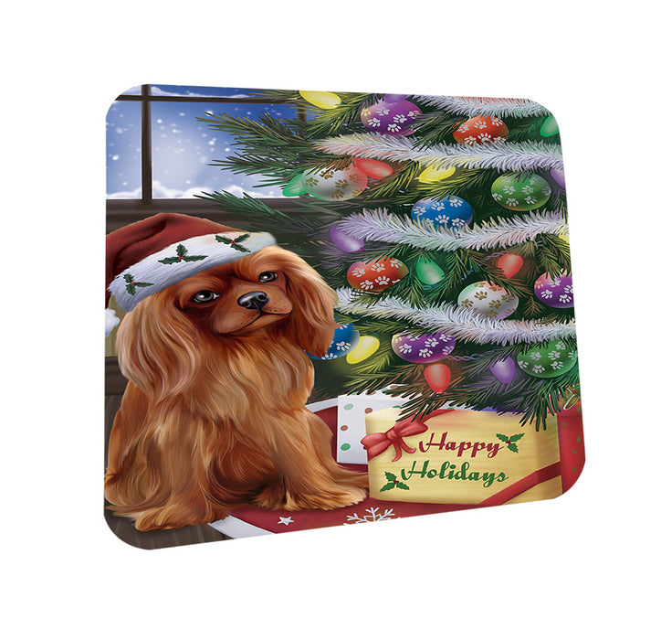 Christmas Happy Holidays Cavalier King Charles Spaniel Dog with Tree and Presents Coasters Set of 4 CST53773