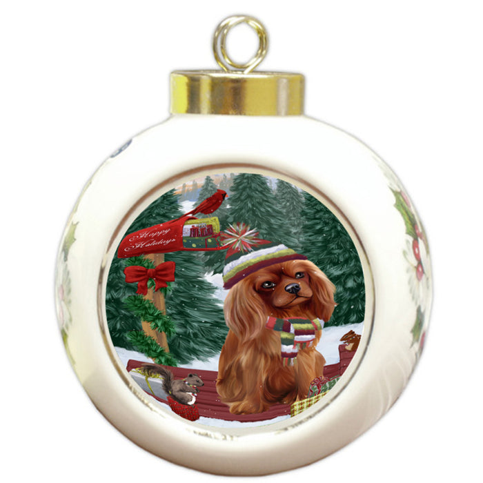 Merry Christmas Woodland Sled Cavalier King Charles Spaniel Dog Round Ball Christmas Ornament RBPOR55243