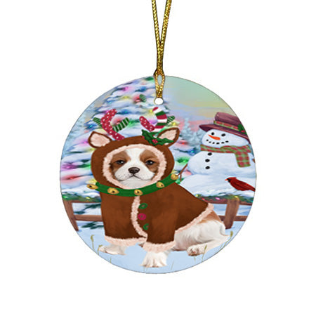 Christmas Gingerbread House Candyfest Cavalier King Charles Spaniel Dog Round Flat Christmas Ornament RFPOR56651
