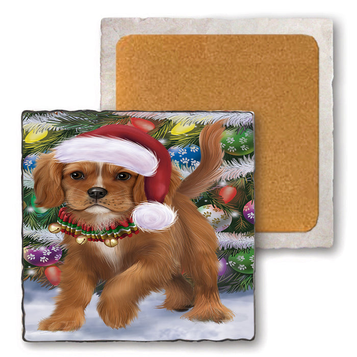 Trotting in the Snow Cavalier King Charles Spaniel Dog Set of 4 Natural Stone Marble Tile Coasters MCST50429
