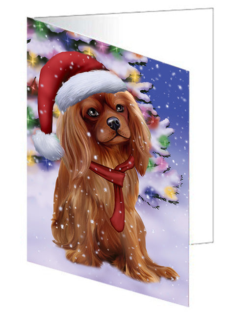Winterland Wonderland Cavalier King Charles Spaniel Dog In Christmas Holiday Scenic Background  Handmade Artwork Assorted Pets Greeting Cards and Note Cards with Envelopes for All Occasions and Holiday Seasons GCD64157