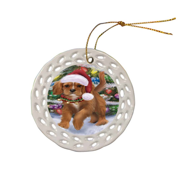 Trotting in the Snow Cavalier King Charles Spaniel Dog Ceramic Doily Ornament DPOR55785