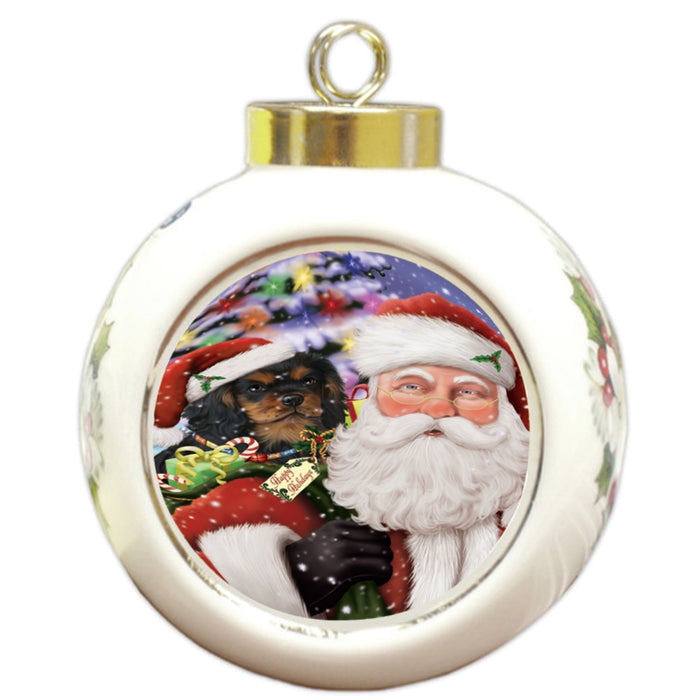 Santa Carrying Cavalier King Charles Spaniel Dog and Christmas Presents Round Ball Christmas Ornament RBPOR53974