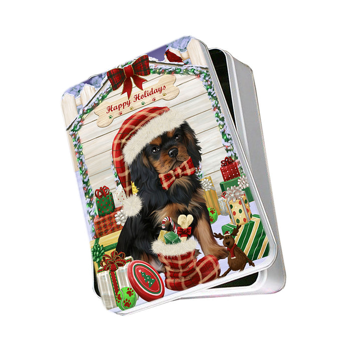 Happy Holidays Christmas Cavalier King Charles Spaniel Dog House with Presents Photo Storage Tin PITN51386